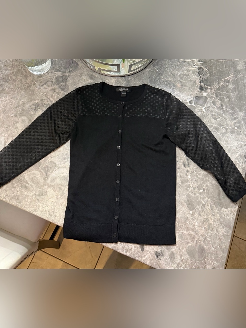 August Silk Heritage Black Sheer Polka Dot Sleeve Cardigan Size Small - Picture 2 of 4